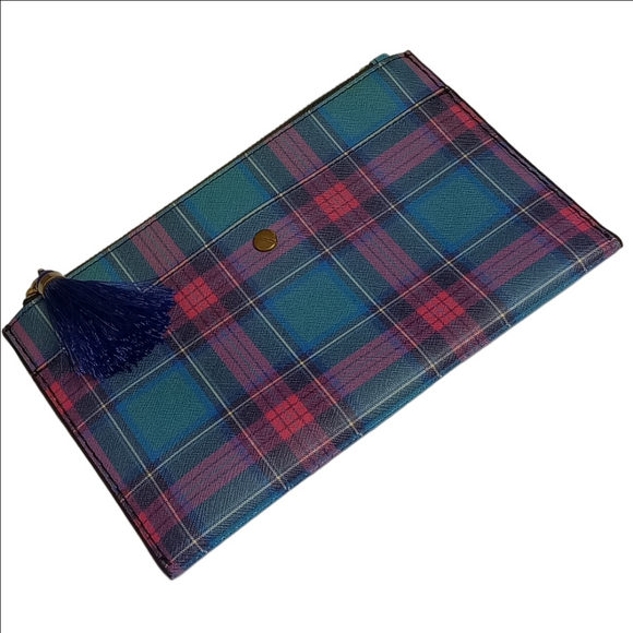 J.CREW BLUE & PINK PLAID ENVELOPE LEATHER CLUTCH WITH TASSEL - Picture 10 of 12